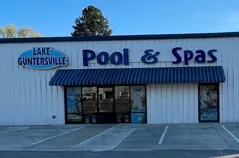 Lake Gunterville Pool & Spas storefront displaying hot tubs for sale and residential spa models