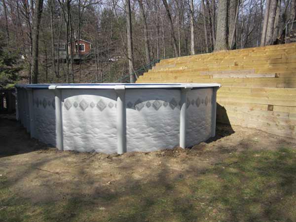 Above-ground backyard pool with metal frame surrounded by wooden deck in residential setting