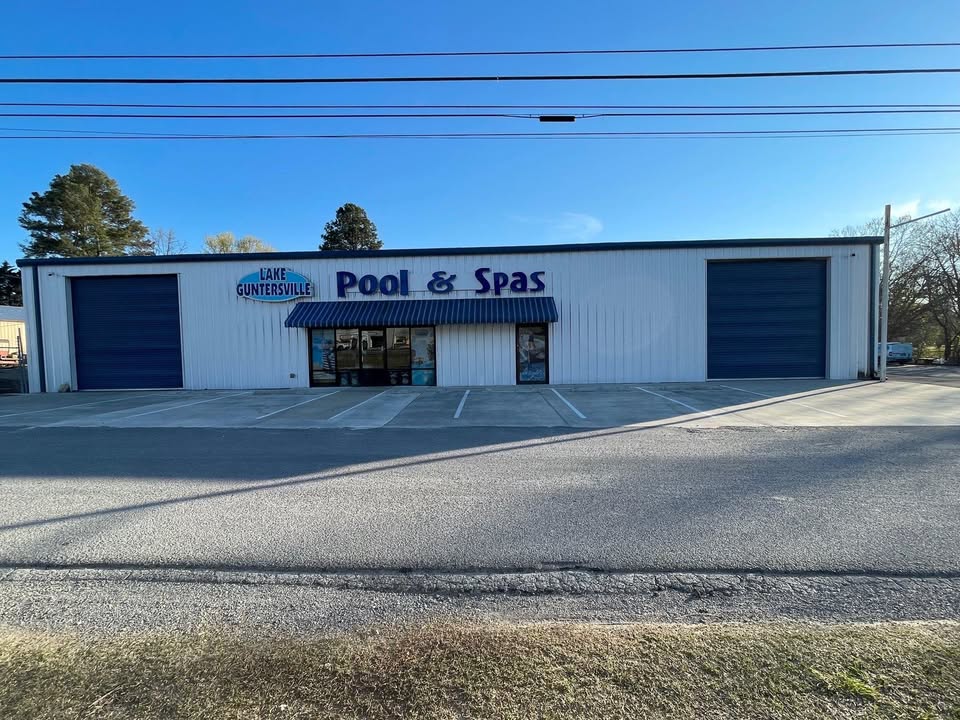 Lake Guntersville Pool and Spas retail storefront displaying hot tubs for sale