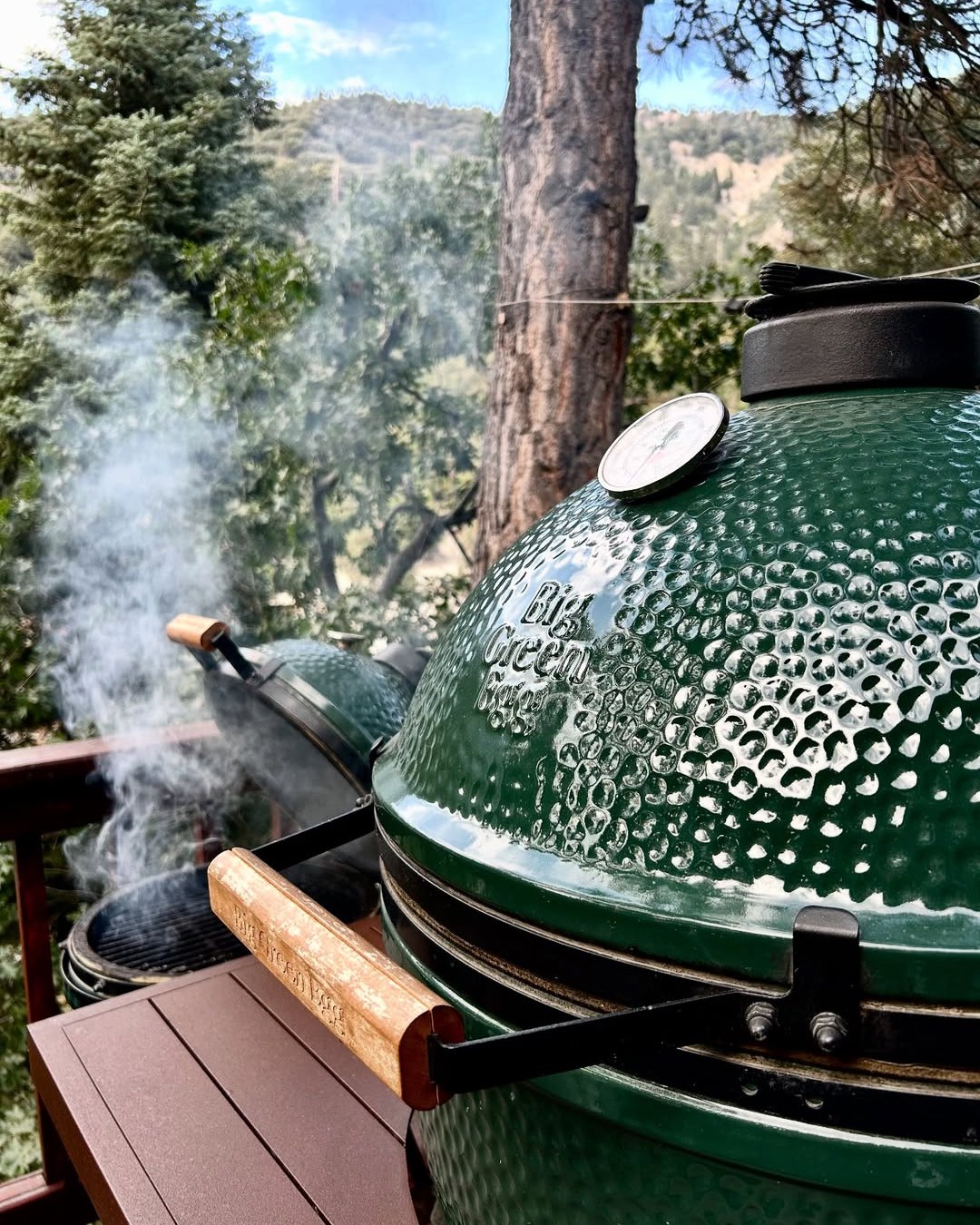 Green Big Green Egg outdoor grill smoking in mountainous backyard setting