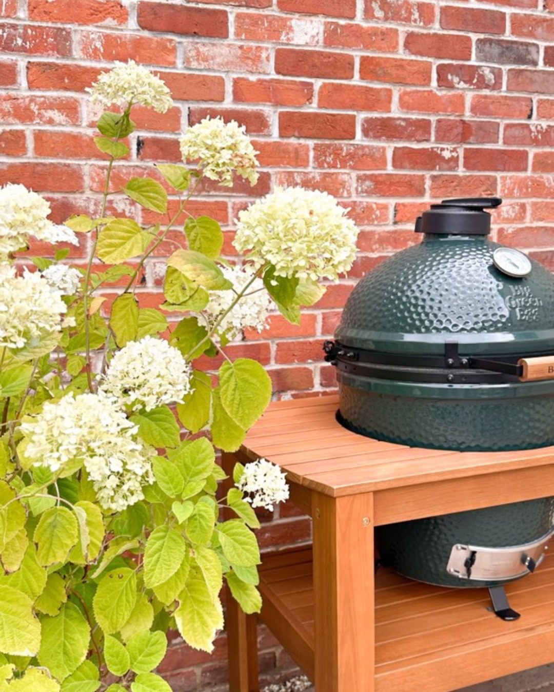 Green ceramic portable spa on wooden deck beside blooming white hydrangeas and brick wall